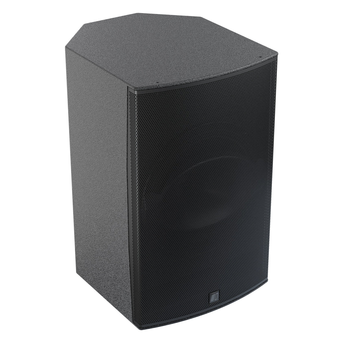 Mia-X 12" surface mount speaker three-quarter view from the right showing angled cabinet top and black grille, DAS Audio