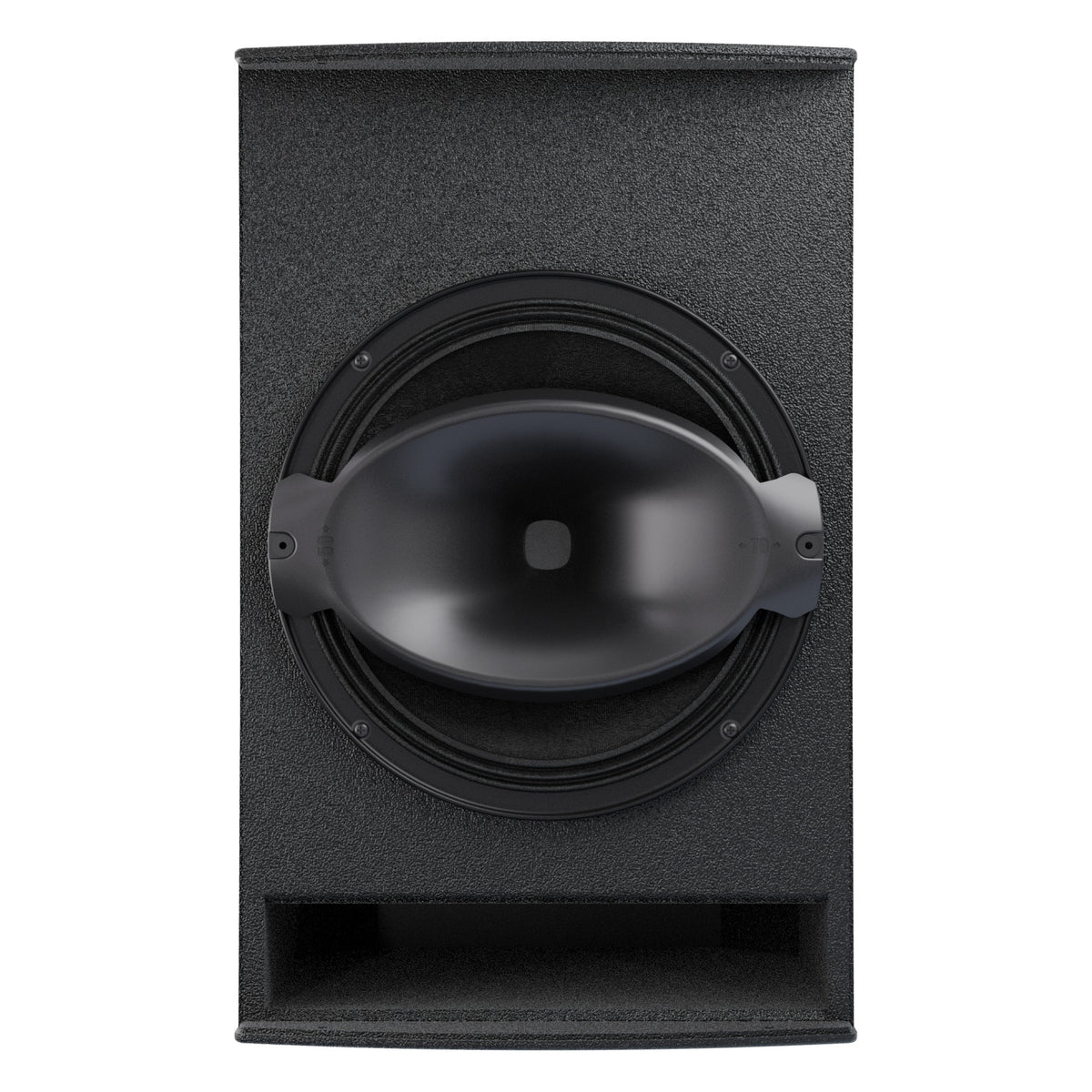 Mia-X 12" coaxial speaker with grille removed showing 12-inch woofer, central horn and rectangular bass port, DAS Audio