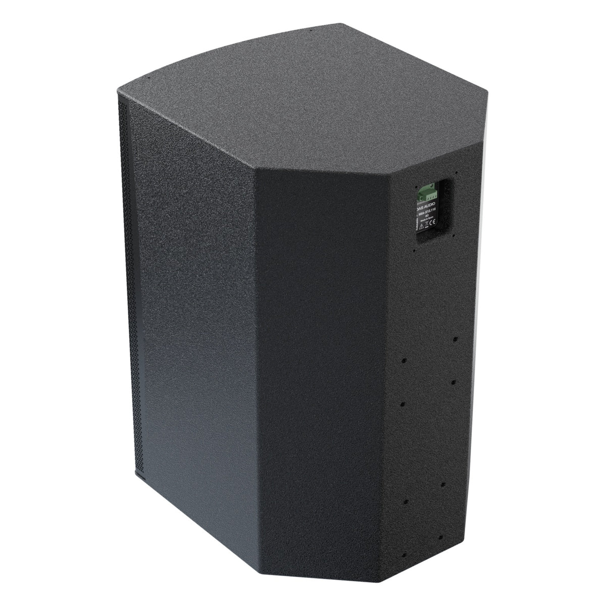 Mia-X 12" speaker rear three-quarter view showing textured black cabinet and terminal connector plate on the angled back, DAS Audio