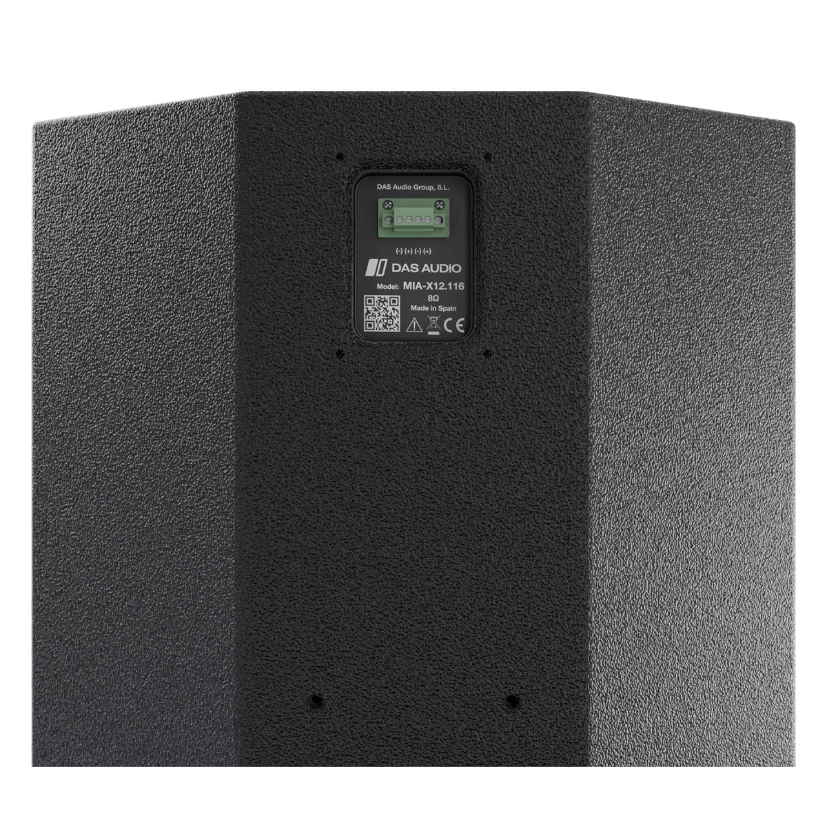 Mia-X 12" speaker rear panel close-up showing green screw terminal connector, MIA-X12.116 8 ohm label and QR code, DAS Audio