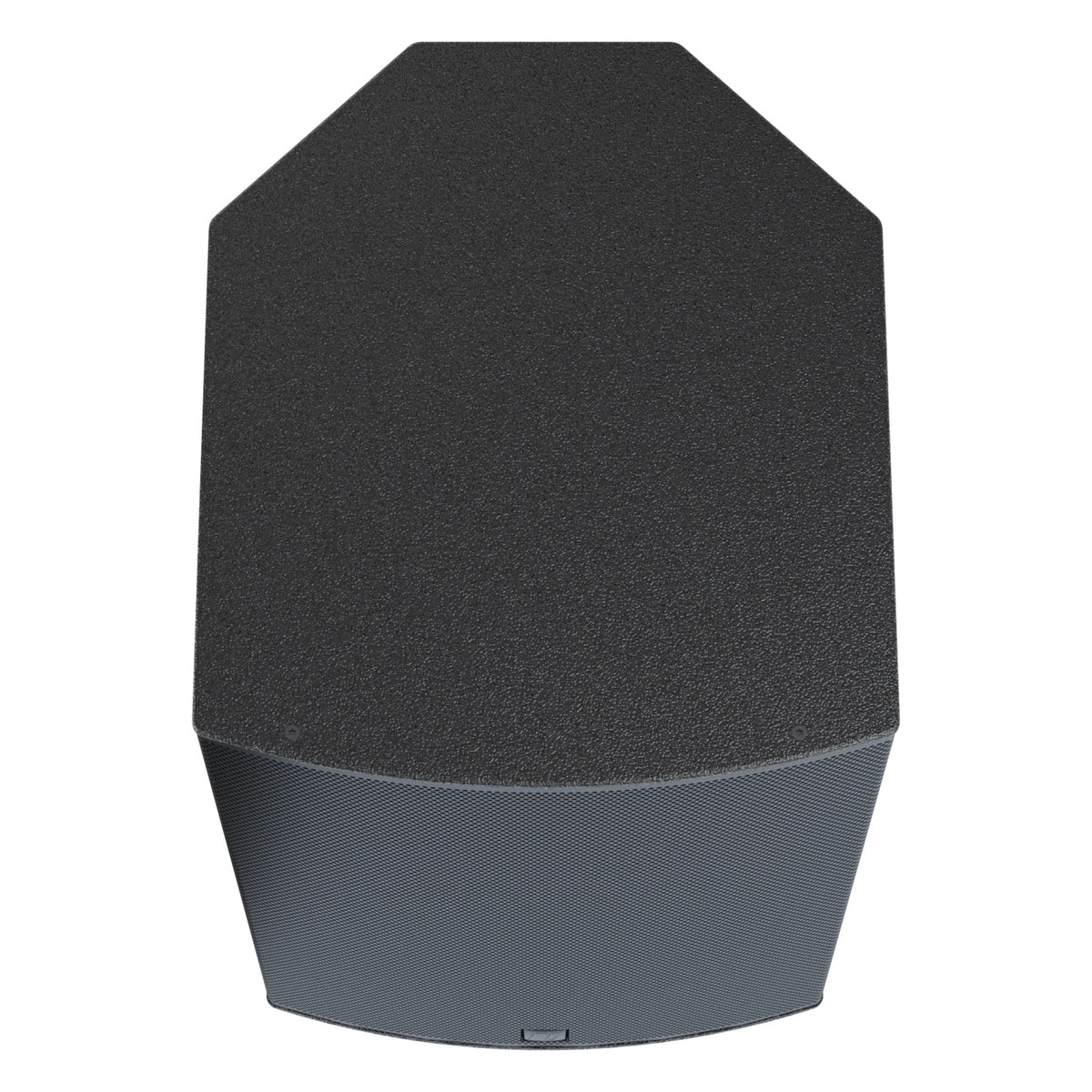 Mia-X 12" surface mount speaker top view showing textured black cabinet top with chamfered corners and grille edge, DAS Audio