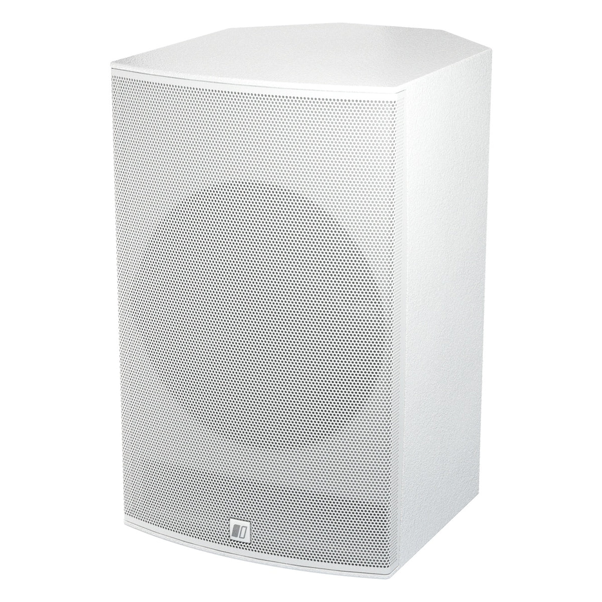 Mia-X 12 front three-quarter view from the left showing perforated white grille and angled trapezoidal cabinet, DAS Audio