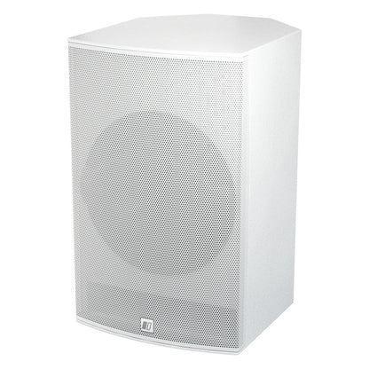 Mia-X 12 front three-quarter view from the left showing perforated white grille and angled trapezoidal cabinet, DAS Audio
