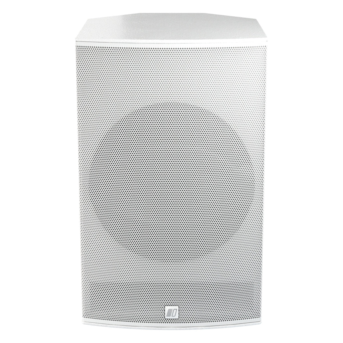 Mia-X 12 front view with full perforated white grille and logo badge at bottom center, DAS Audio