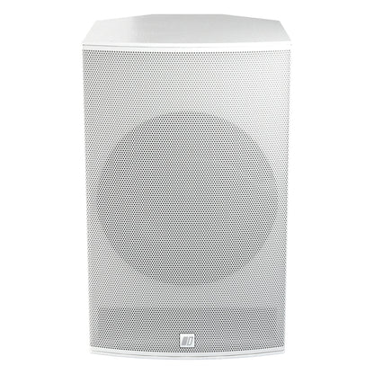 Mia-X 12 front view with full perforated white grille and logo badge at bottom center, DAS Audio