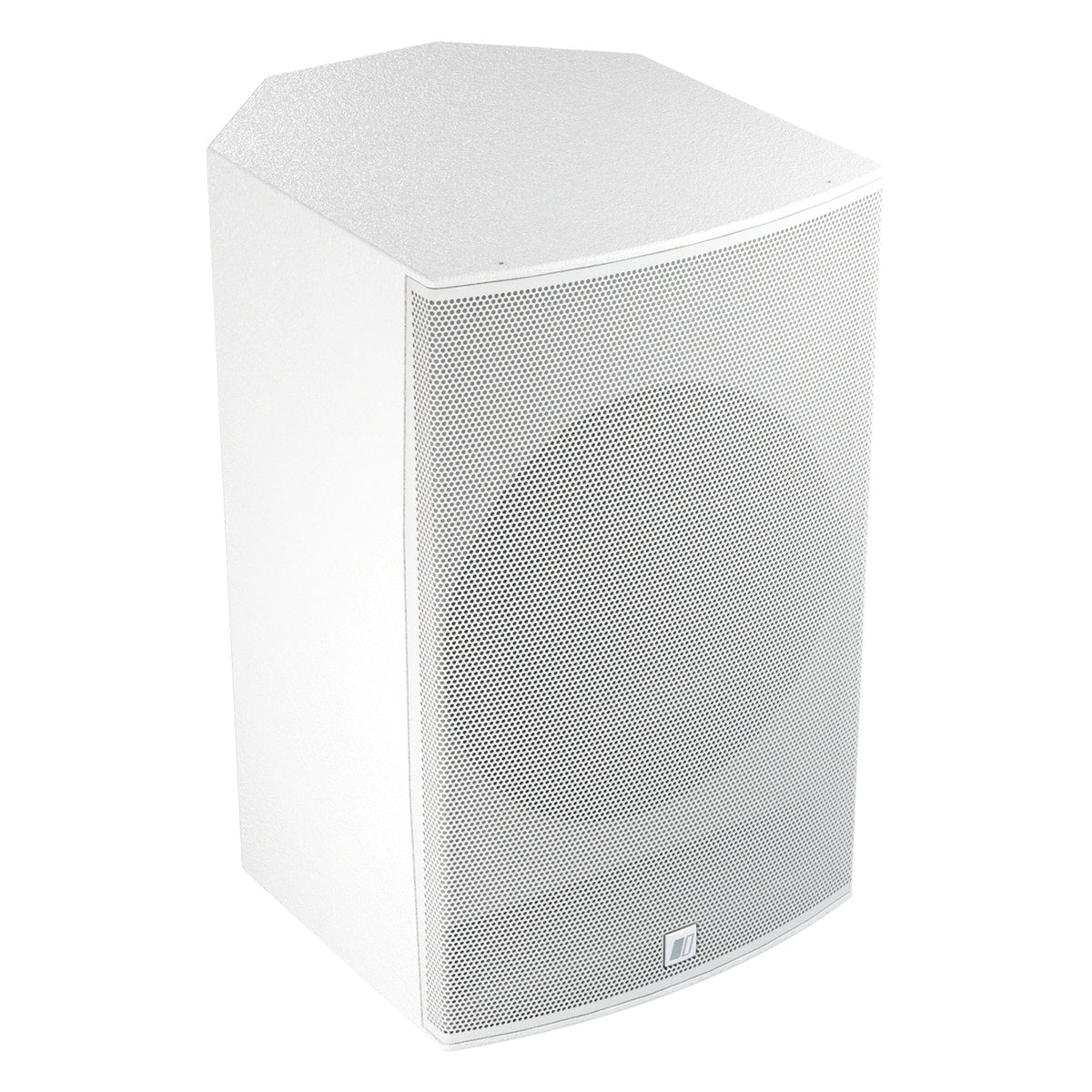 Mia-X 12 front three-quarter view from the right showing textured white cabinet top and side with perforated grille, DAS Audio