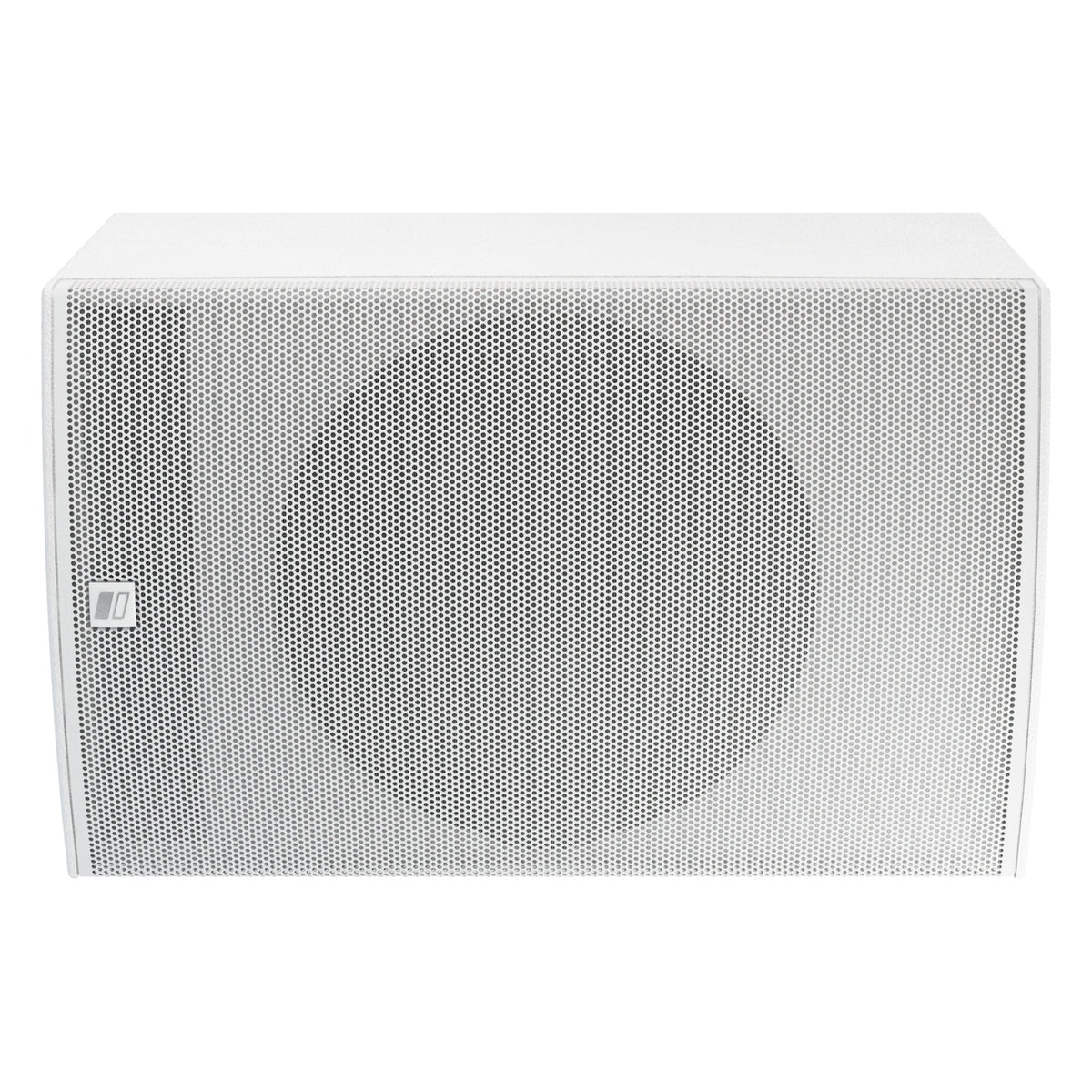 Mia-X 12 horizontal orientation view with logo badge at left and round woofer outline visible behind perforated white grille, DAS Audio