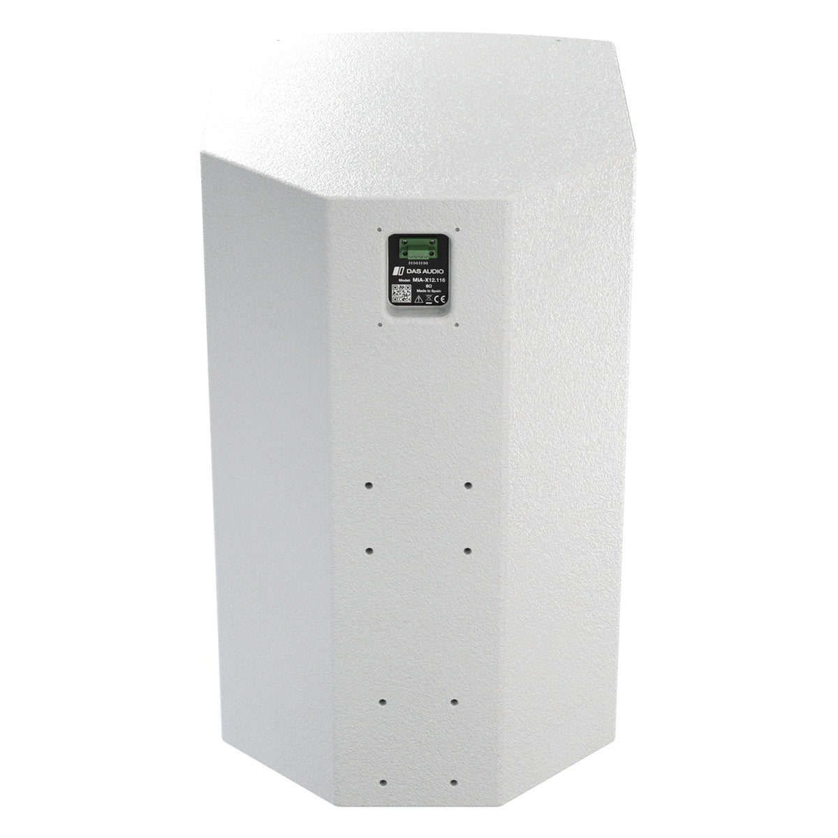 Mia-X 12 rear view showing recessed green terminal connector panel and threaded mounting inserts on angled white cabinet, DAS Audio