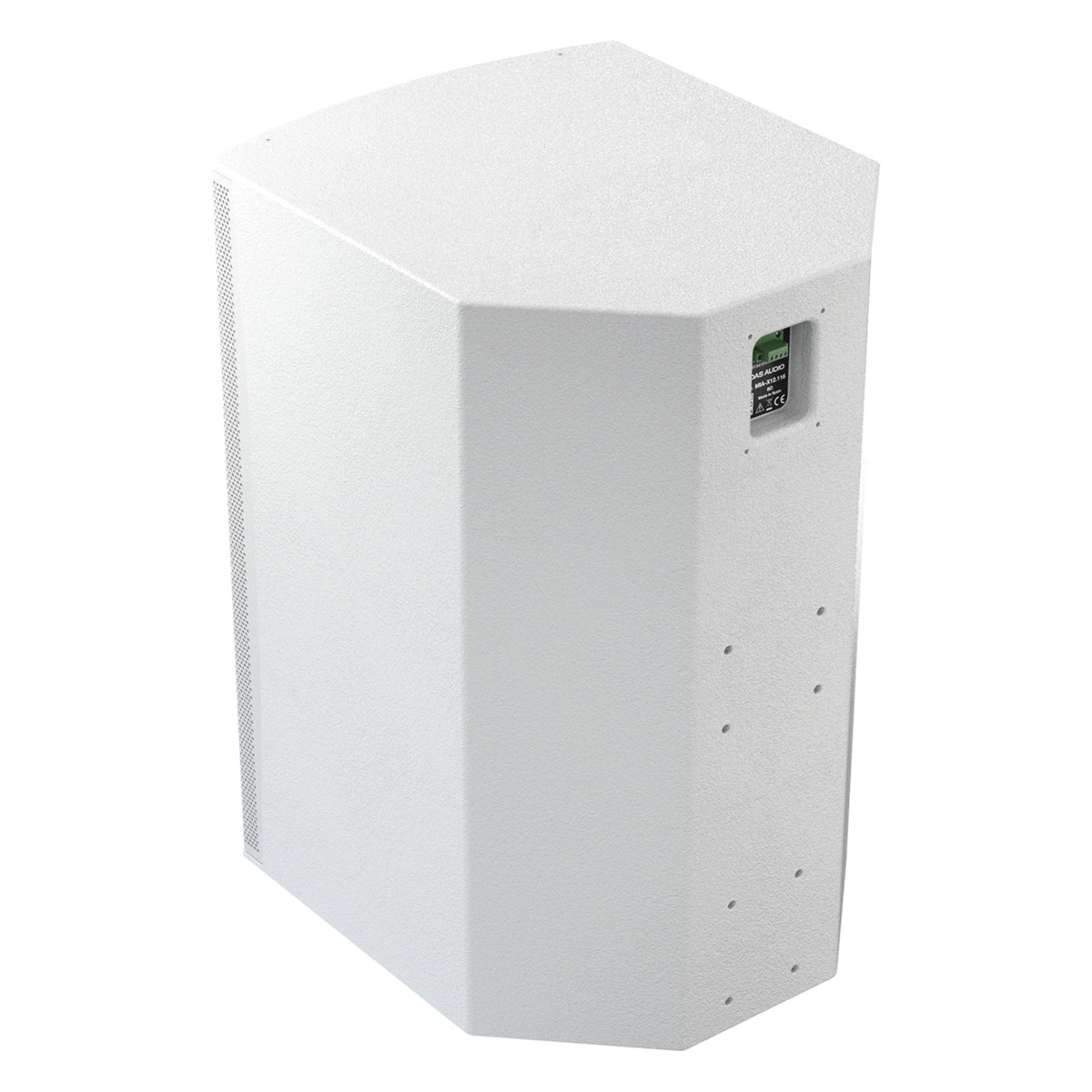 Mia-X 12 rear three-quarter view showing terminal panel and mounting points on angled rear baffle of white cabinet, DAS Audio