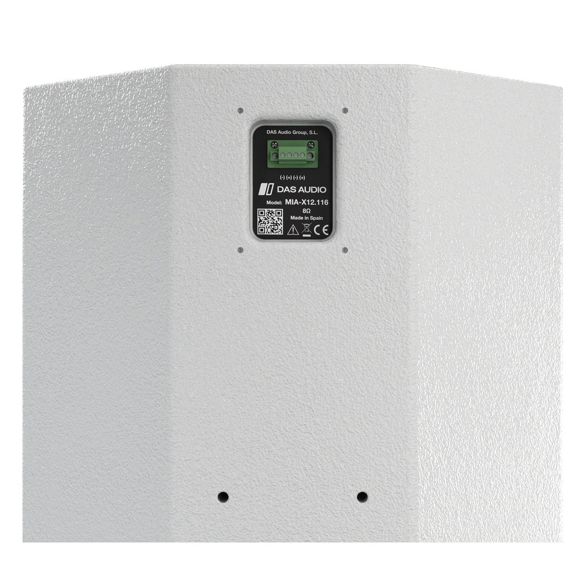 Mia-X 12 rear panel detail showing green 4-pole screw terminal block, MIA-X12.116 model label, 8 ohm rating and QR code, DAS Audio