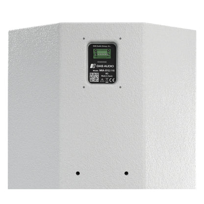 Mia-X 12 rear panel detail showing green 4-pole screw terminal block, MIA-X12.116 model label, 8 ohm rating and QR code, DAS Audio