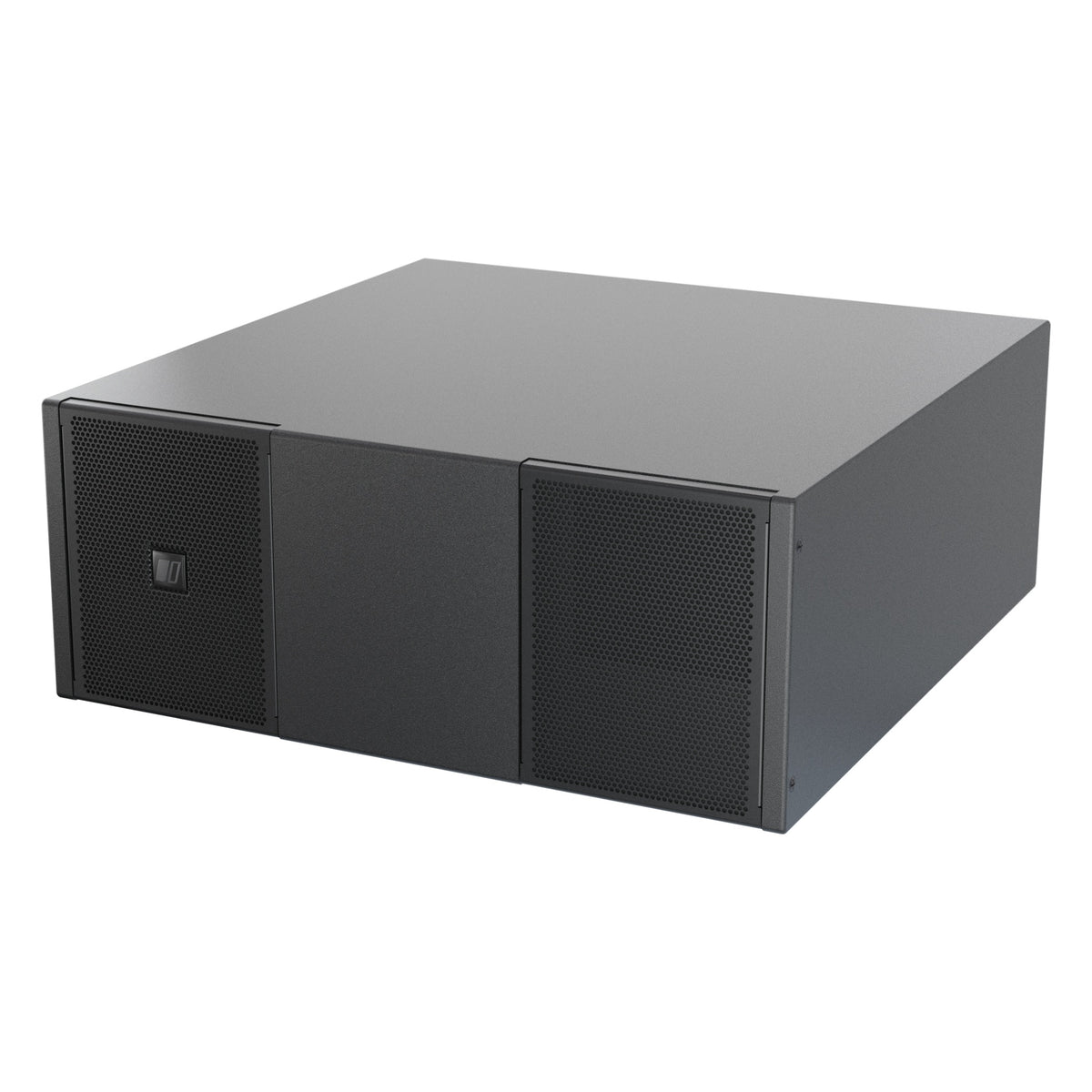 Mia-S110 front three-quarter view from the left showing two perforated grille ports either side of a solid center panel, DAS Audio