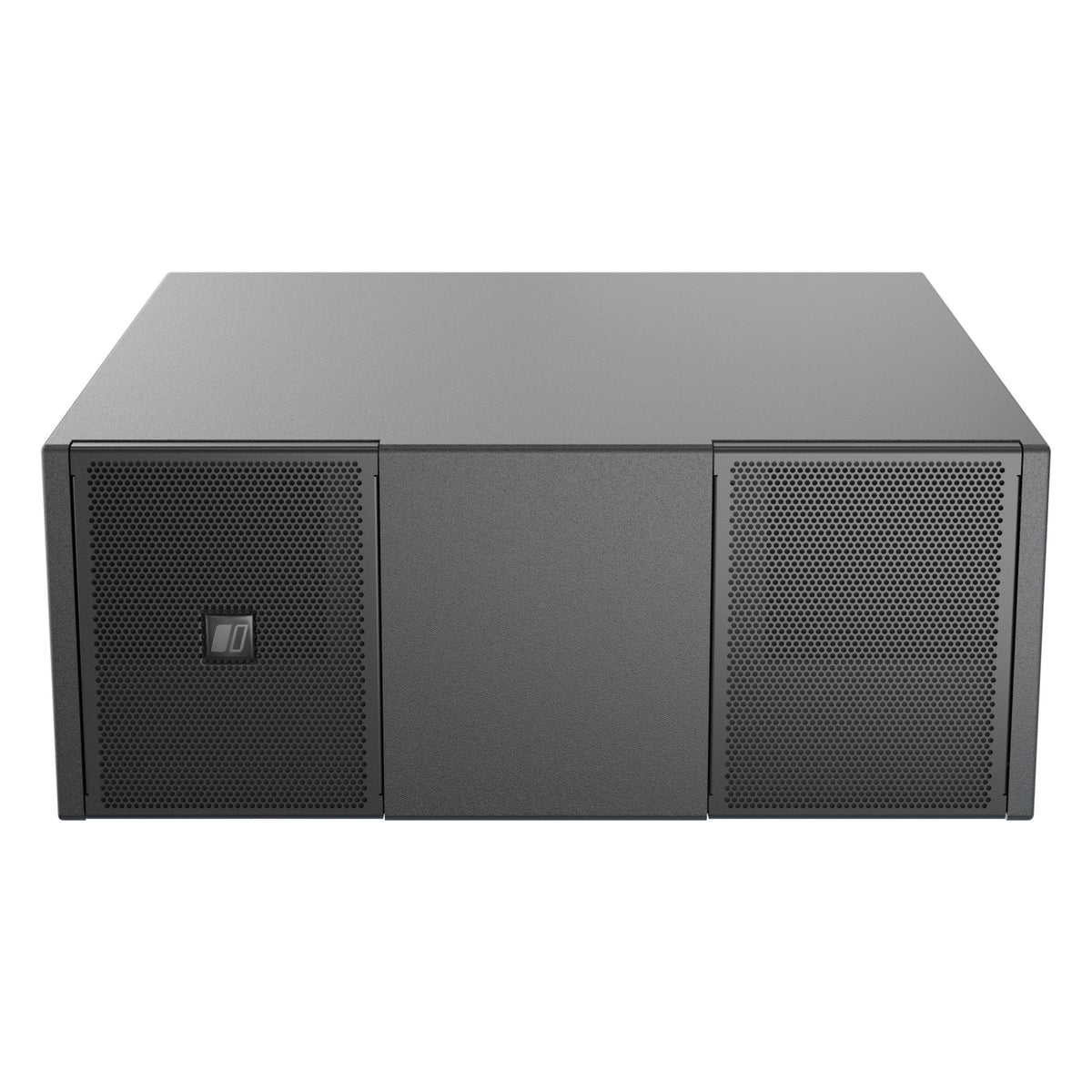 Mia-S110 front view with twin perforated grille openings, solid center panel and logo badge on left grille, DAS Audio