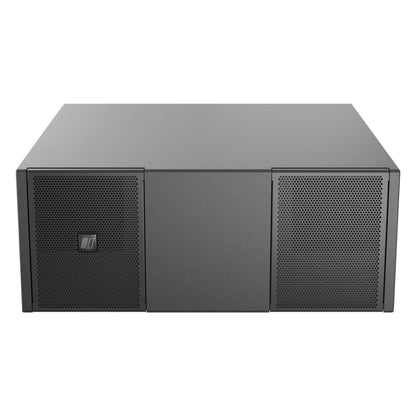 Mia-S110 front view with twin perforated grille openings, solid center panel and logo badge on left grille, DAS Audio
