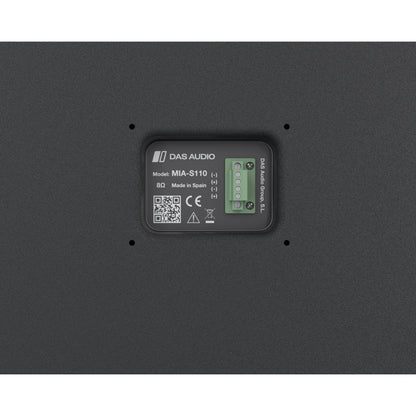 Mia-S110 rear connector plate close-up showing 4-pole green terminal block, 8 ohm rating, model label, QR code and CE mark, DAS Audio