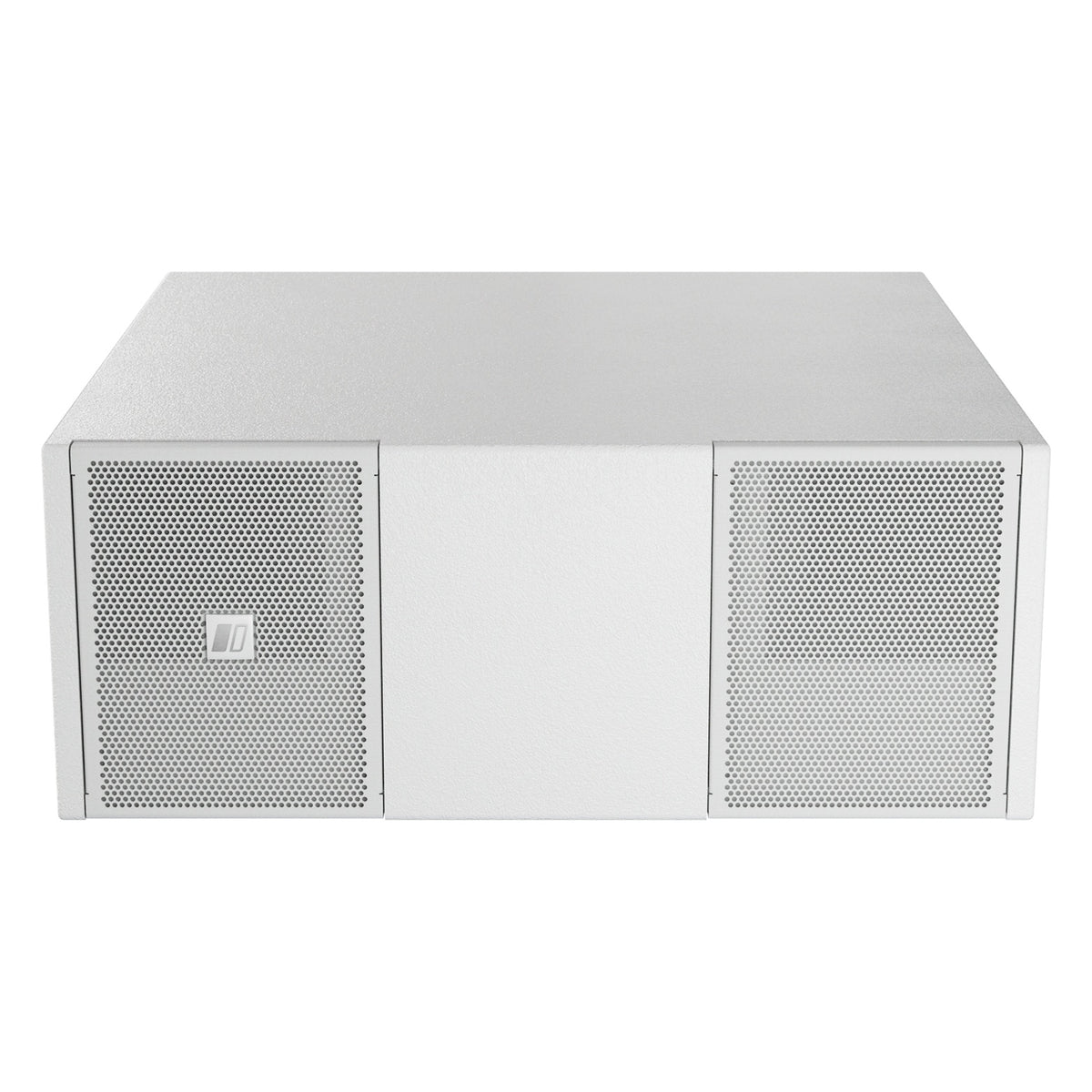 Mia-S110 passive band-pass subwoofer in white, straight-on front view with two perforated metal grilles flanking a solid center panel, DAS Audio