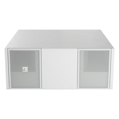Mia-S110 passive band-pass subwoofer in white, straight-on front view with two perforated metal grilles flanking a solid center panel, DAS Audio