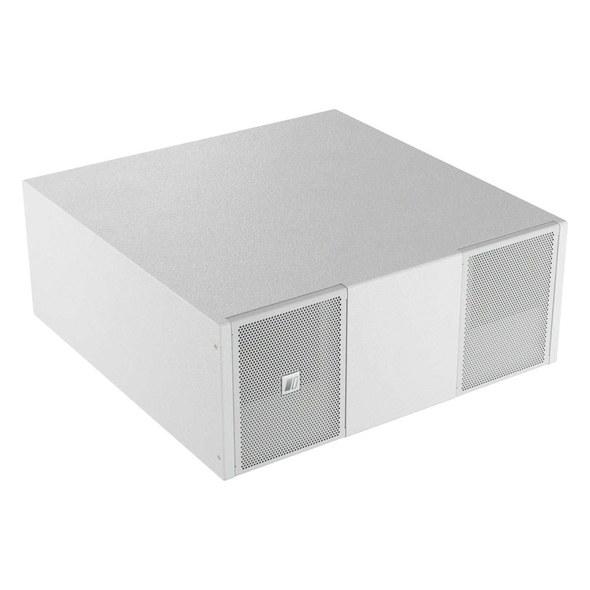Mia-S110 passive band-pass subwoofer in white, elevated three-quarter view from the right showing the top panel and perforated front grilles, DAS Audio