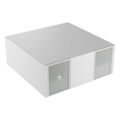 Mia-S110 passive band-pass subwoofer in white, elevated three-quarter view from the right showing the top panel and perforated front grilles, DAS Audio