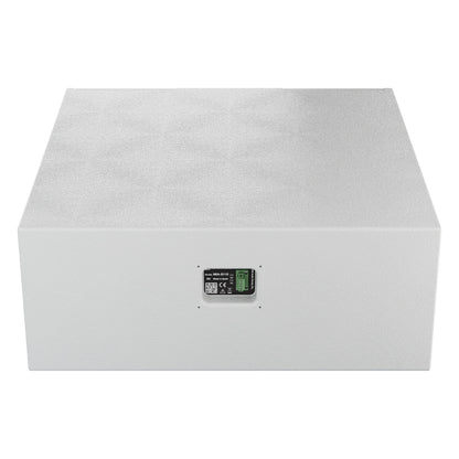 Mia-S110 subwoofer rear view with plain white back panel and recessed connector plate with green terminal block at center, DAS Audio