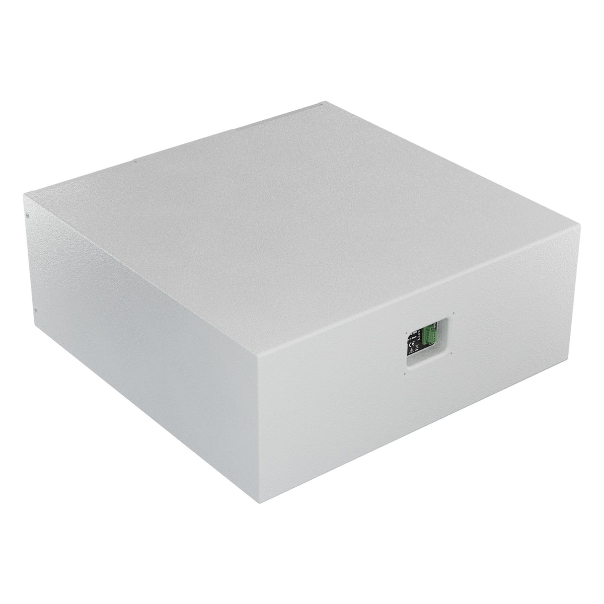 Mia-S110 subwoofer rear three-quarter view showing the recessed green terminal connector on the white cabinet back, DAS Audio