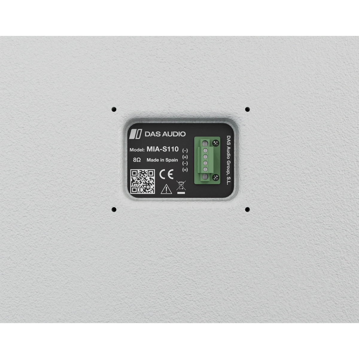 Mia-S110 rear connector plate close-up showing 8 ohm rating, Made in Spain label, QR code, CE mark and four-pole green screw terminal block, DAS Audio