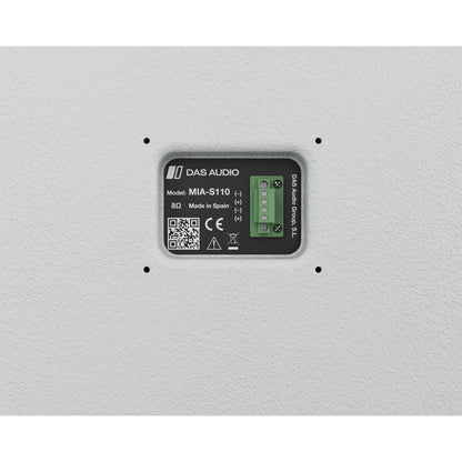 Mia-S110 rear connector plate close-up showing 8 ohm rating, Made in Spain label, QR code, CE mark and four-pole green screw terminal block, DAS Audio