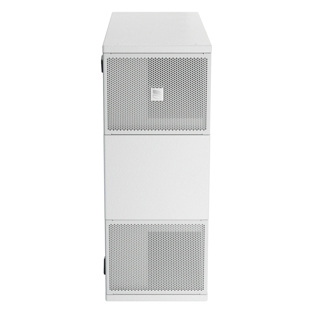 Mia-S110 subwoofer in white standing vertically with perforated grilles at top and bottom of the front face and a solid center section, DAS Audio