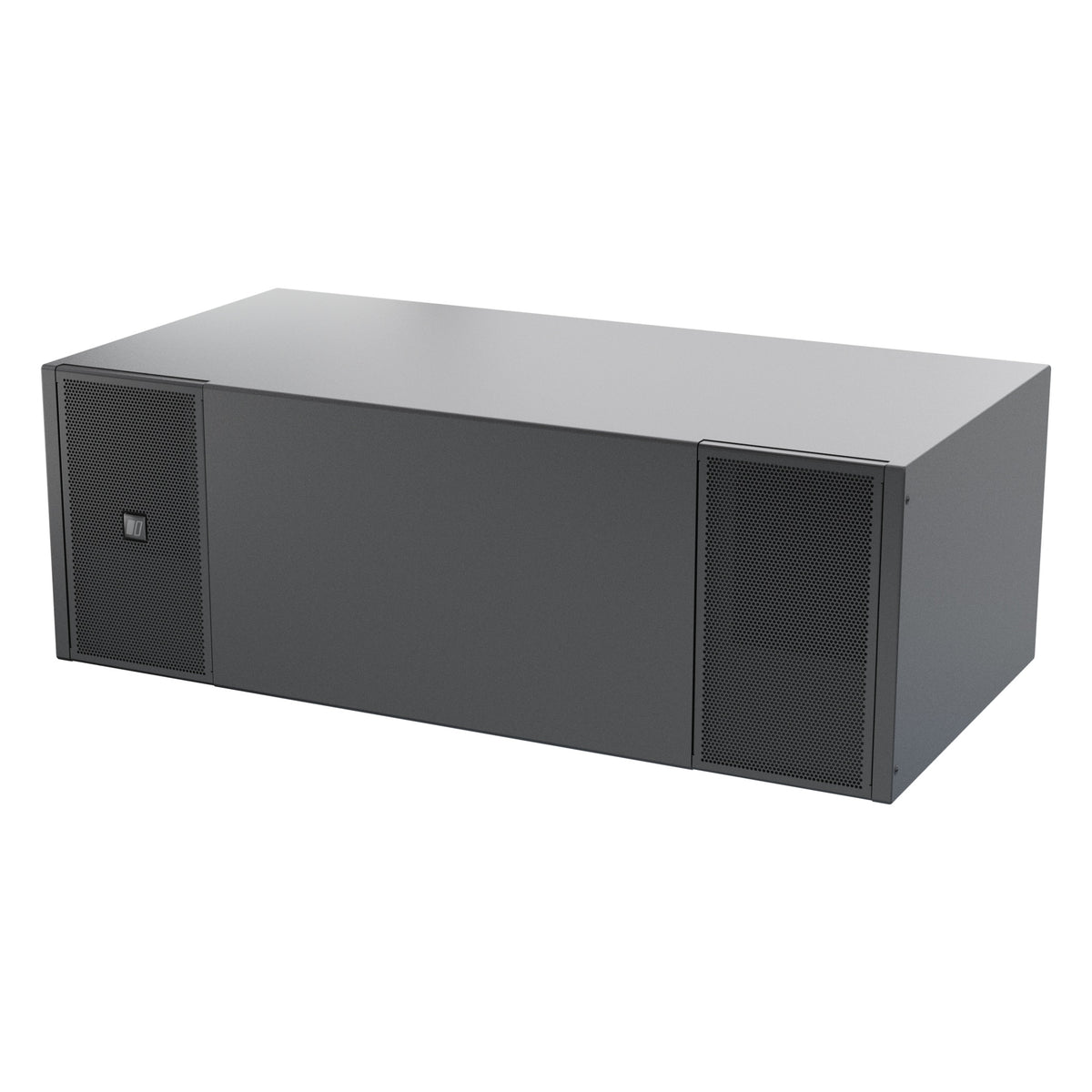 Mia-S115 passive band-pass subwoofer front three-quarter view from the left with perforated grilles on both ends of the front baffle, DAS Audio