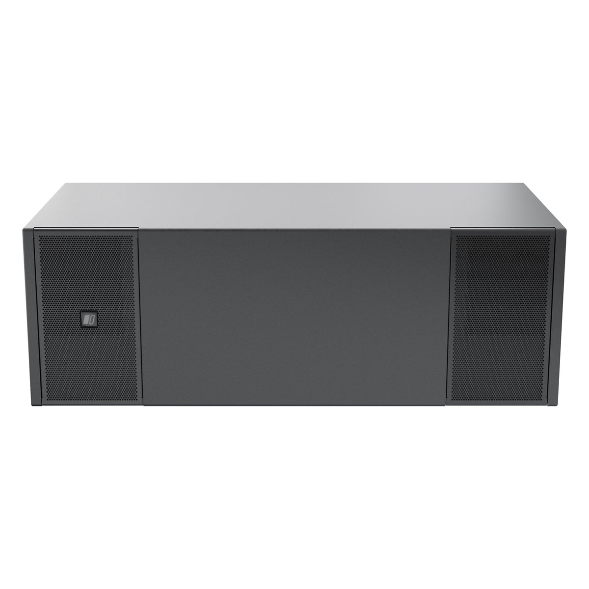 Mia-S115 passive band-pass subwoofer straight-on front view showing the solid center panel flanked by two perforated grille ports and the logo badge, DAS Audio