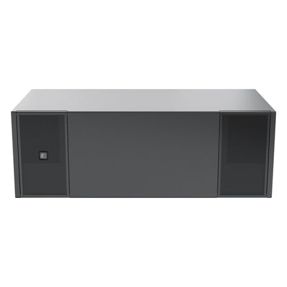 Mia-S115 passive band-pass subwoofer straight-on front view showing the solid center panel flanked by two perforated grille ports and the logo badge, DAS Audio