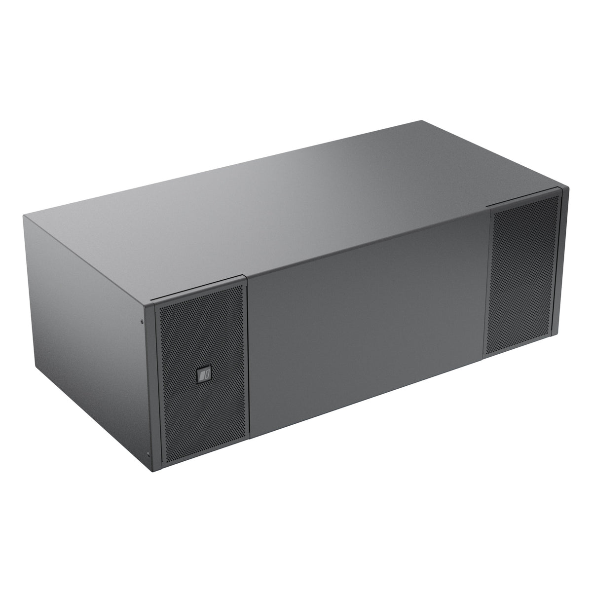 Mia-S115 passive band-pass subwoofer front three-quarter view from the right showing the black cabinet with perforated end grilles and logo badge, DAS Audio