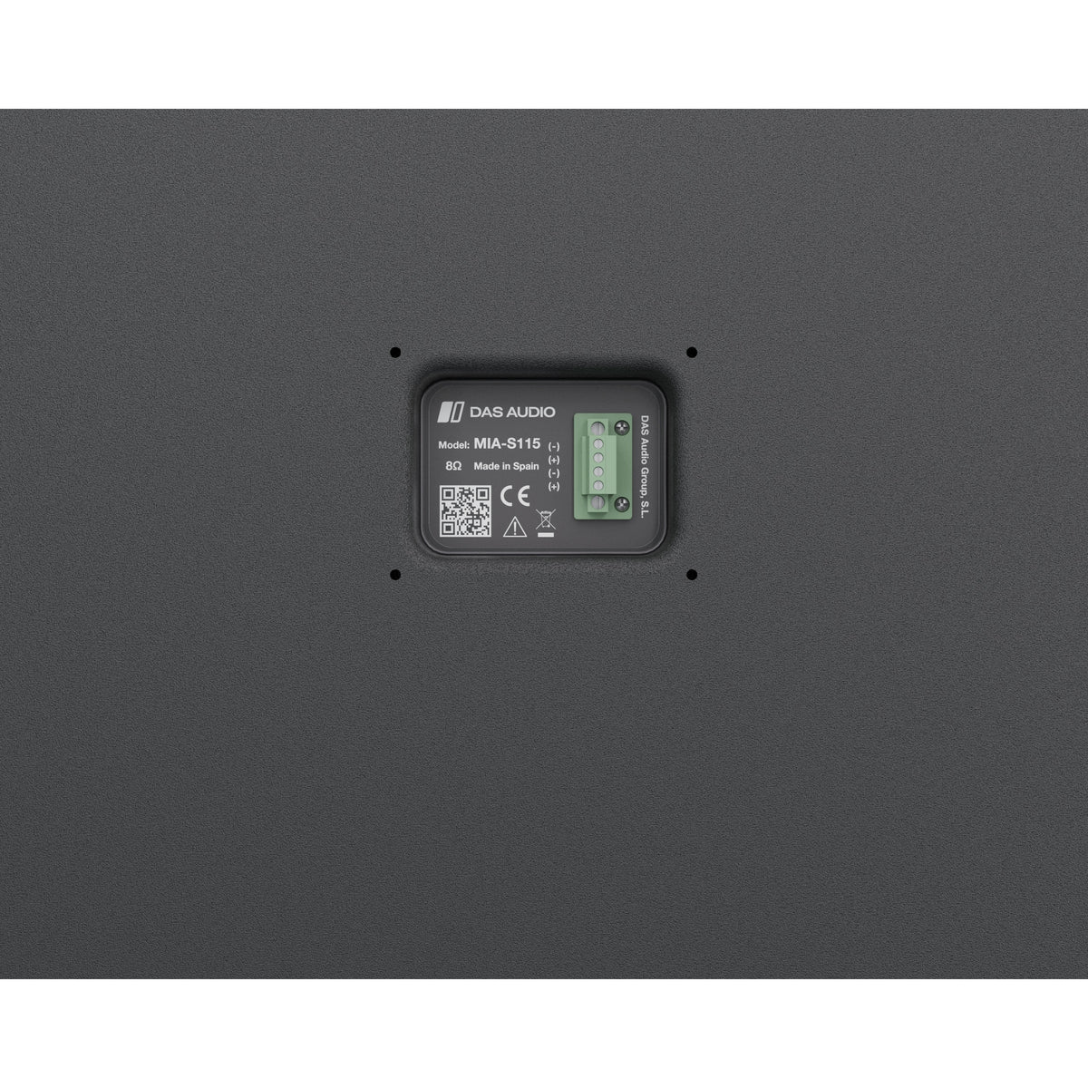 Mia-S115 rear connector plate close-up showing green screw terminal block, 8 ohm rating, CE mark, QR code and four mounting screw holes, DAS Audio