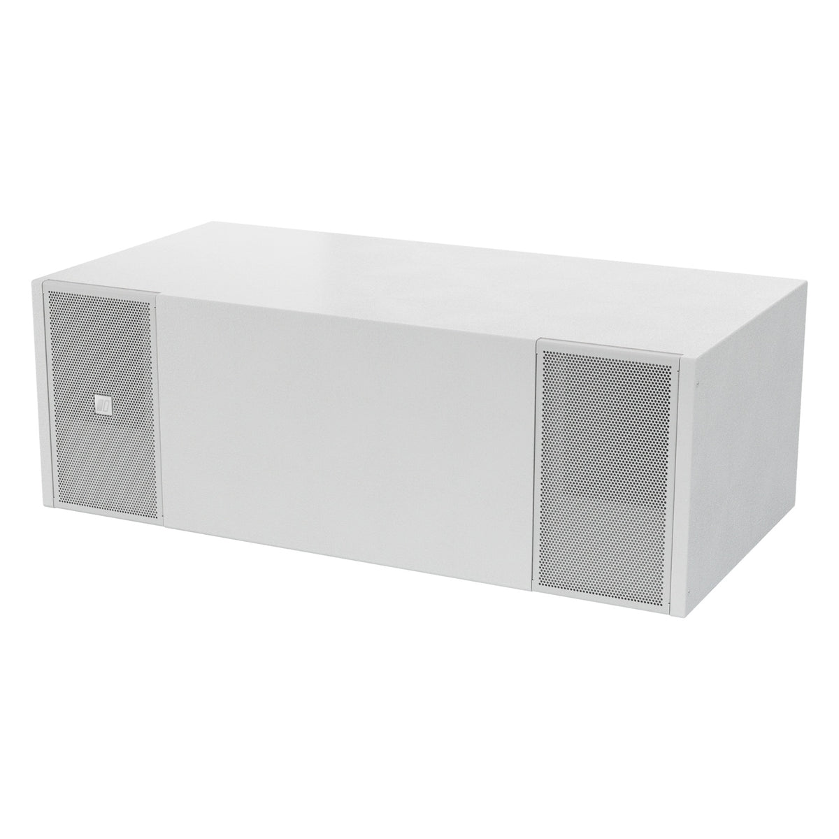 Mia-S115 white passive band-pass subwoofer three-quarter view showing perforated grilles on both ends of the front baffle, DAS Audio