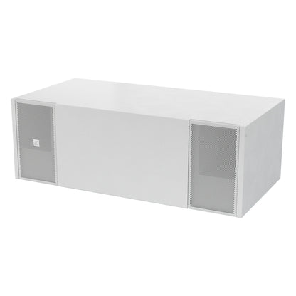 Mia-S115 white passive band-pass subwoofer three-quarter view showing perforated grilles on both ends of the front baffle, DAS Audio