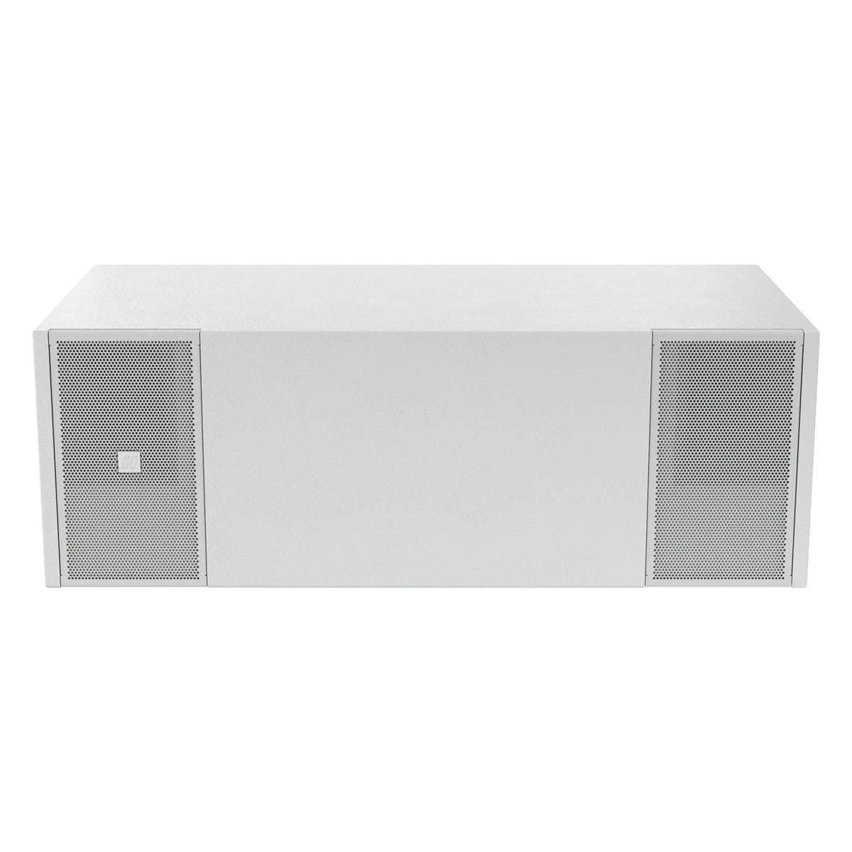 Mia-S115 white band-pass subwoofer front view with perforated side grilles flanking the solid center panel, DAS Audio