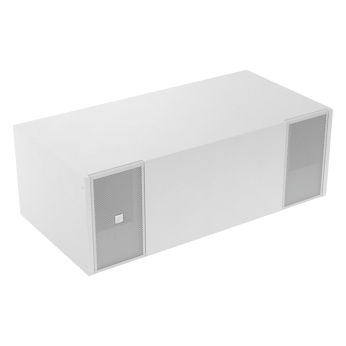 Mia-S115 white surface mount subwoofer angled view from the left showing the end grille with logo and the solid white cabinet top, DAS Audio