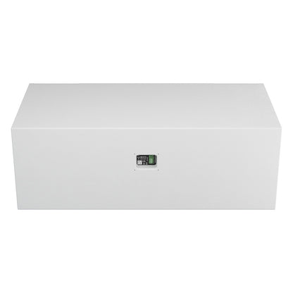 Mia-S115 white subwoofer rear view with small centered connector plate on a plain textured cabinet back, DAS Audio
