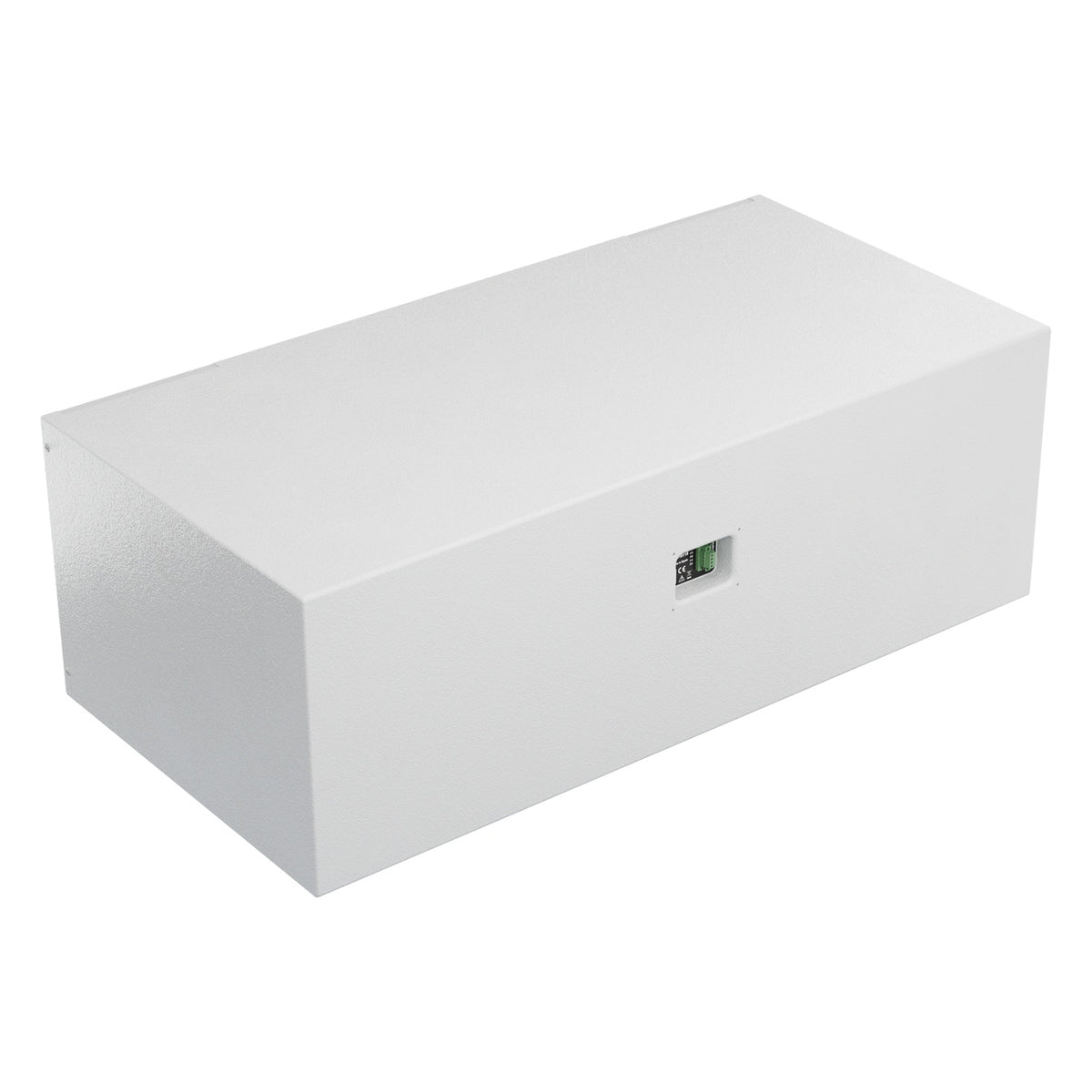 Mia-S115 white subwoofer angled rear view showing the recessed green terminal connector on the back panel, DAS Audio