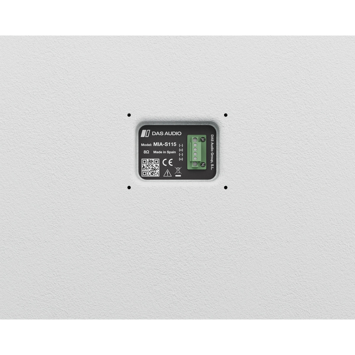 Mia-S115 rear connector plate close-up showing green 4-pin screw terminal, MIA-S115 8 ohm model label, QR code and CE mark, DAS Audio