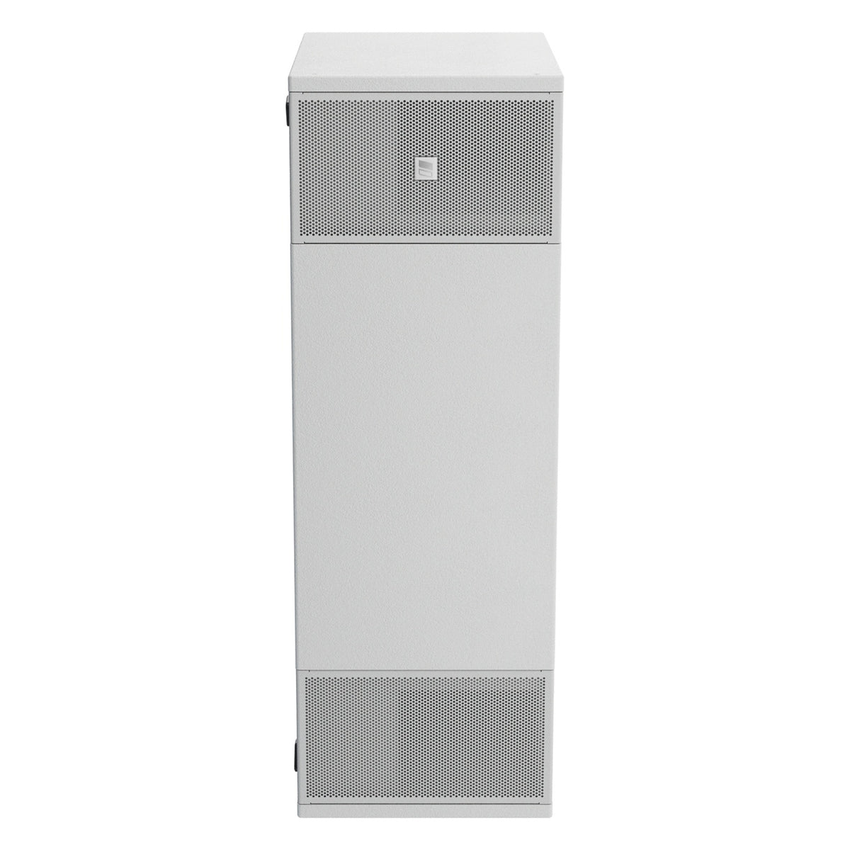 Mia-S115 white subwoofer in vertical orientation with perforated grilles at top and bottom of the tall cabinet, DAS Audio