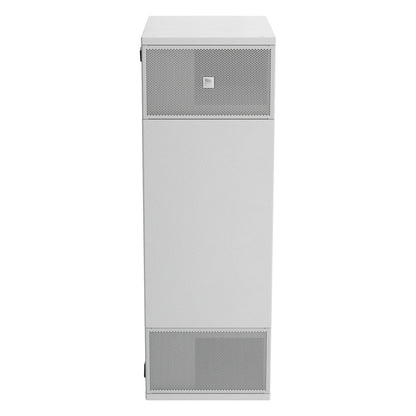 Mia-S115 white subwoofer in vertical orientation with perforated grilles at top and bottom of the tall cabinet, DAS Audio