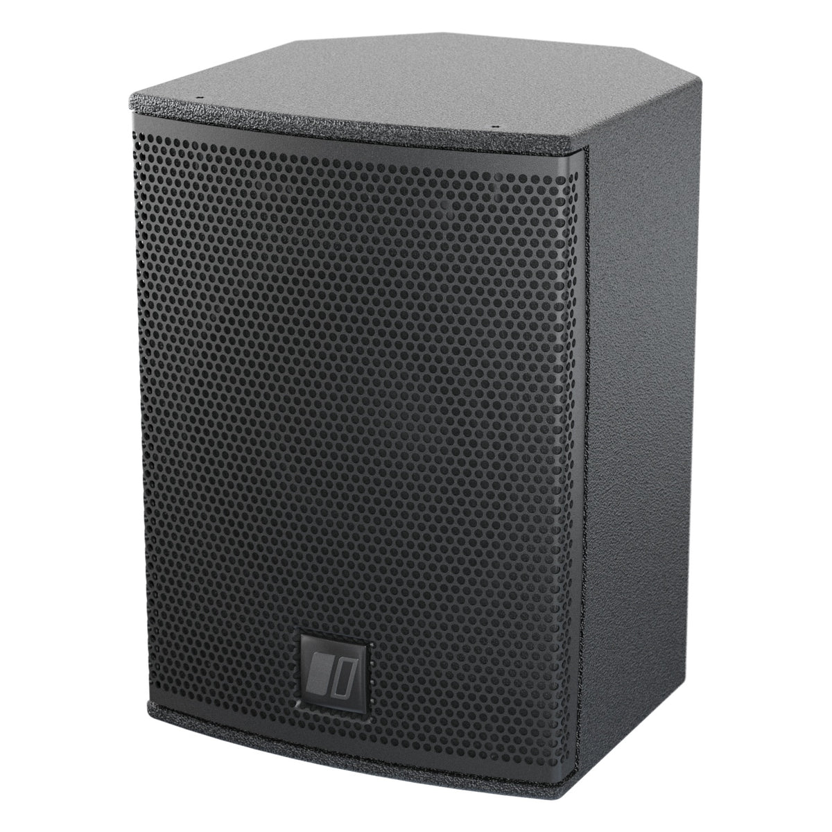 MIA-X5 5-inch passive coaxial speaker, front three-quarter view from the left showing perforated steel grille and DAS logo plate on black textured cabinet, DAS Audio