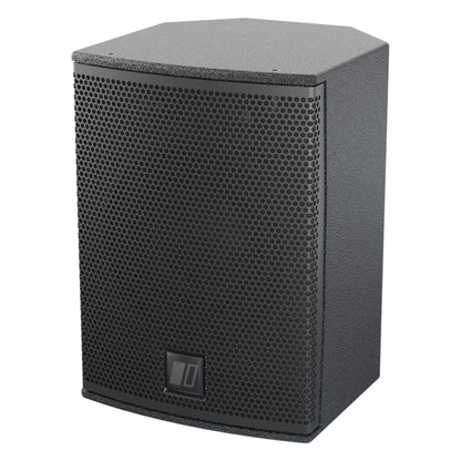 MIA-X5 5-inch passive coaxial speaker, front three-quarter view from the left showing perforated steel grille and DAS logo plate on black textured cabinet, DAS Audio