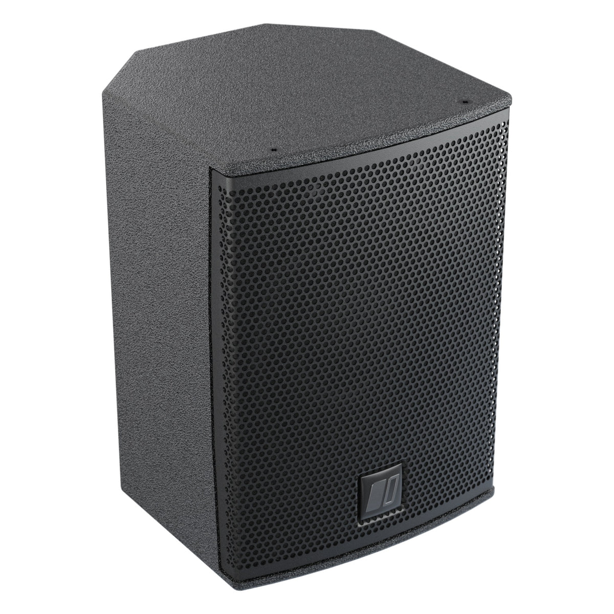 MIA-X5 5-inch passive coaxial speaker, front three-quarter view from the right showing angled trapezoidal cabinet and perforated grille, DAS Audio