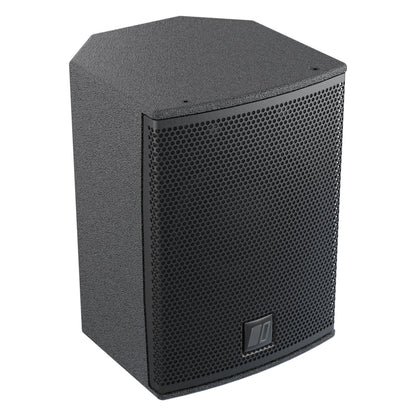 MIA-X5 5-inch passive coaxial speaker, front three-quarter view from the right showing angled trapezoidal cabinet and perforated grille, DAS Audio
