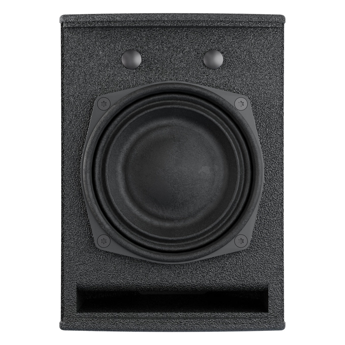 MIA-X5 5-inch passive coaxial speaker, grille-off front view showing the 5-inch coaxial driver, two mounting buttons above and rectangular bass port below, DAS Audio