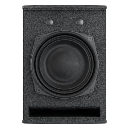 MIA-X5 5-inch passive coaxial speaker, grille-off front view showing the 5-inch coaxial driver, two mounting buttons above and rectangular bass port below, DAS Audio