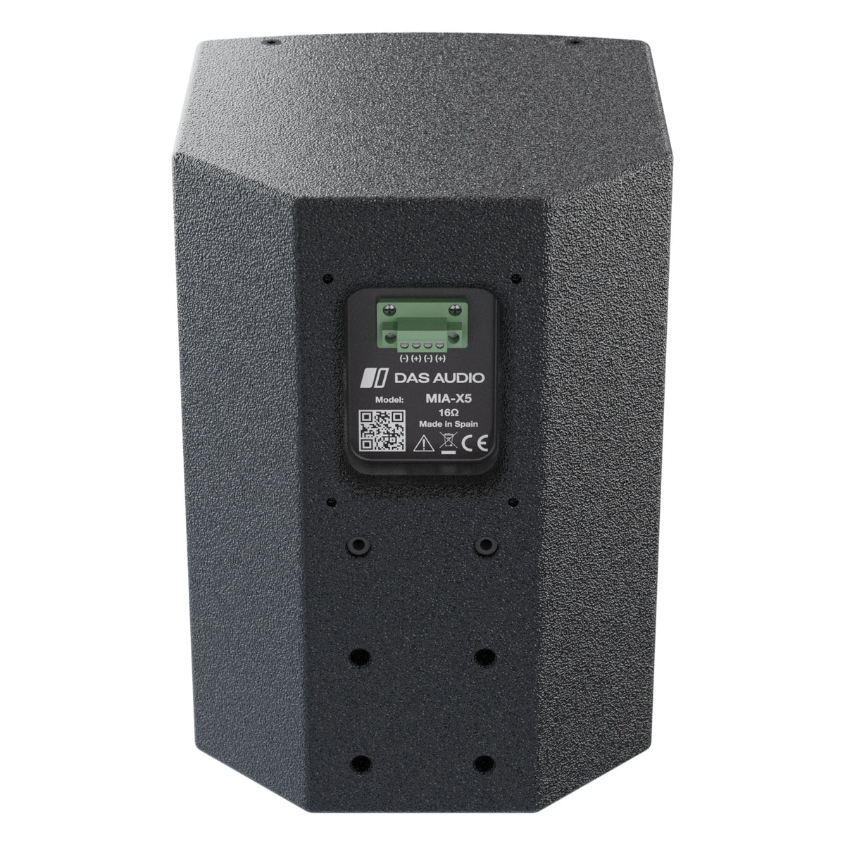 MIA-X5 5-inch passive coaxial speaker, rear view showing recessed connector panel with green 4-pole terminal block and threaded mounting inserts, DAS Audio