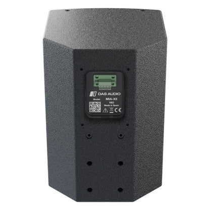 MIA-X5 5-inch passive coaxial speaker, rear view showing recessed connector panel with green 4-pole terminal block and threaded mounting inserts, DAS Audio
